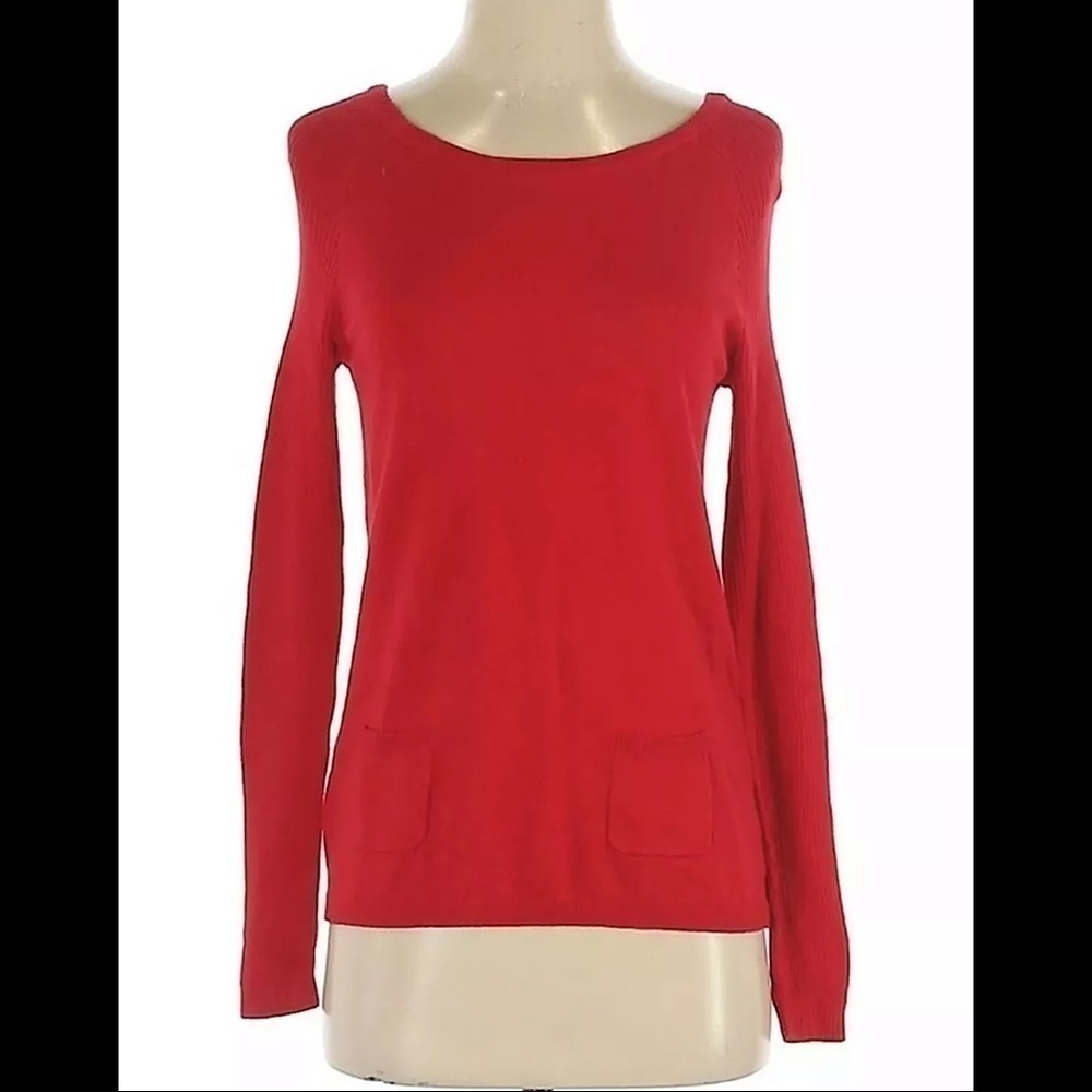 Ann Taylor Loft Red Ribbed Sleeve Sweater Pockets